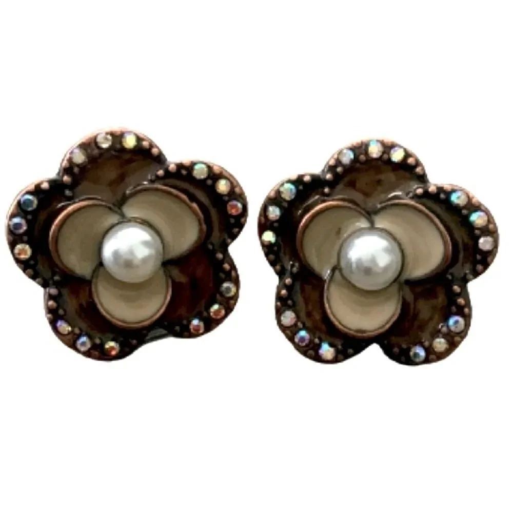Antique Bronze Tone Flower Stud Earrings Faux Pearl Crystal